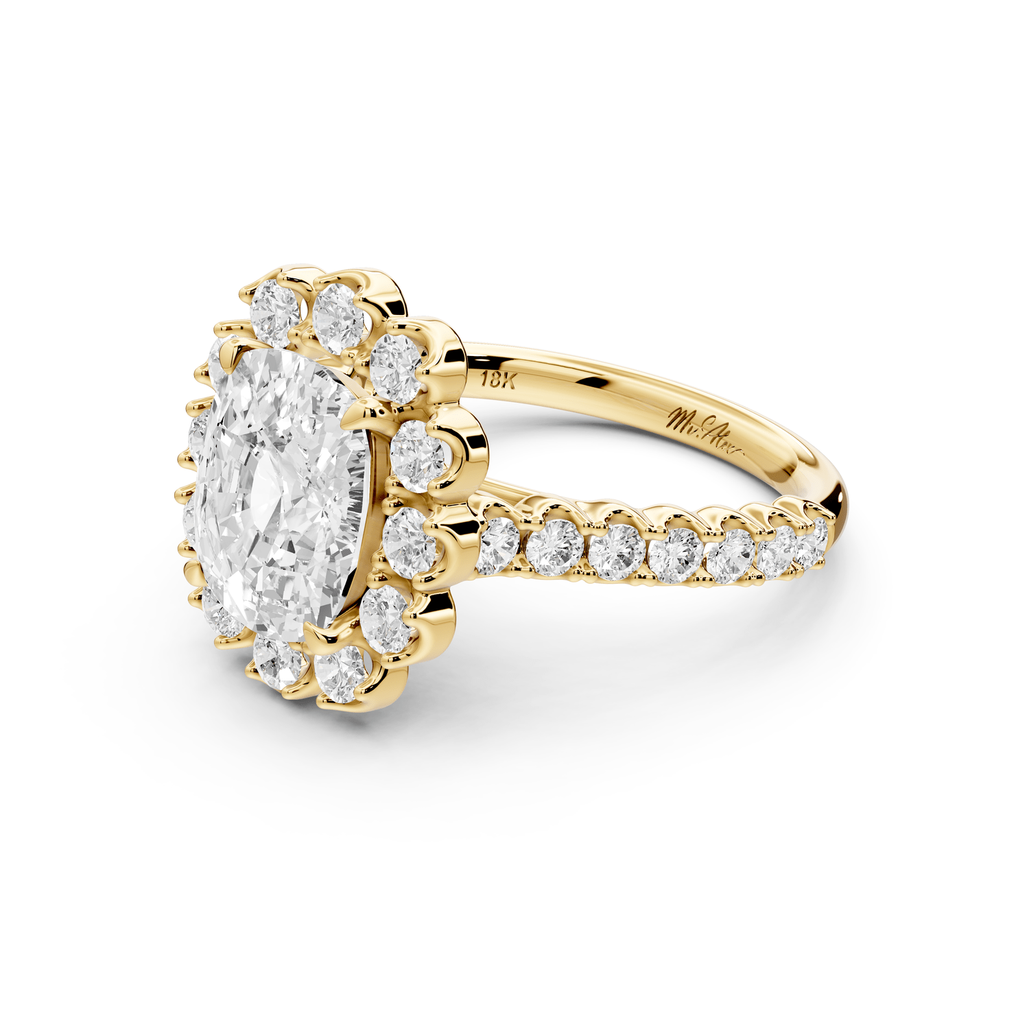 Anastasia - 3ct 14k yellow gold ecushion Diamond with Floral Halo and Pavé engagement Ring - Mr. Alex Jewelry