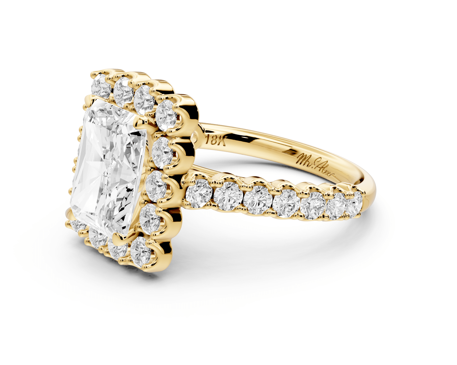Anastasia - 3ct 14k yellow gold radiant Diamond with Floral Halo and Pavé engagement Ring - Mr. Alex Jewelry
