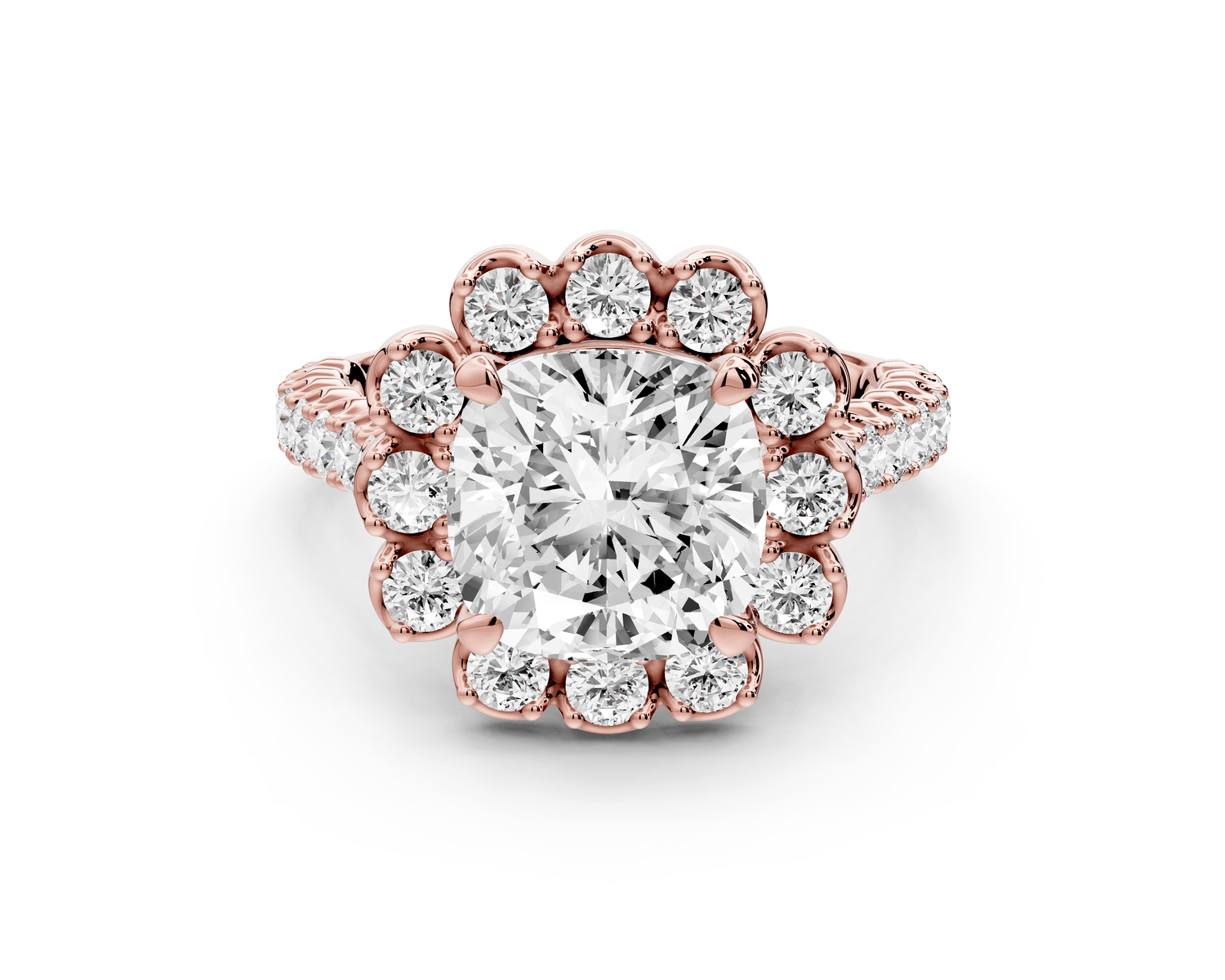 Anastasia - 3ct 18k rose gold cushion Diamond with Floral Halo and Pavé engagement Ring - Mr. Alex Jewelry