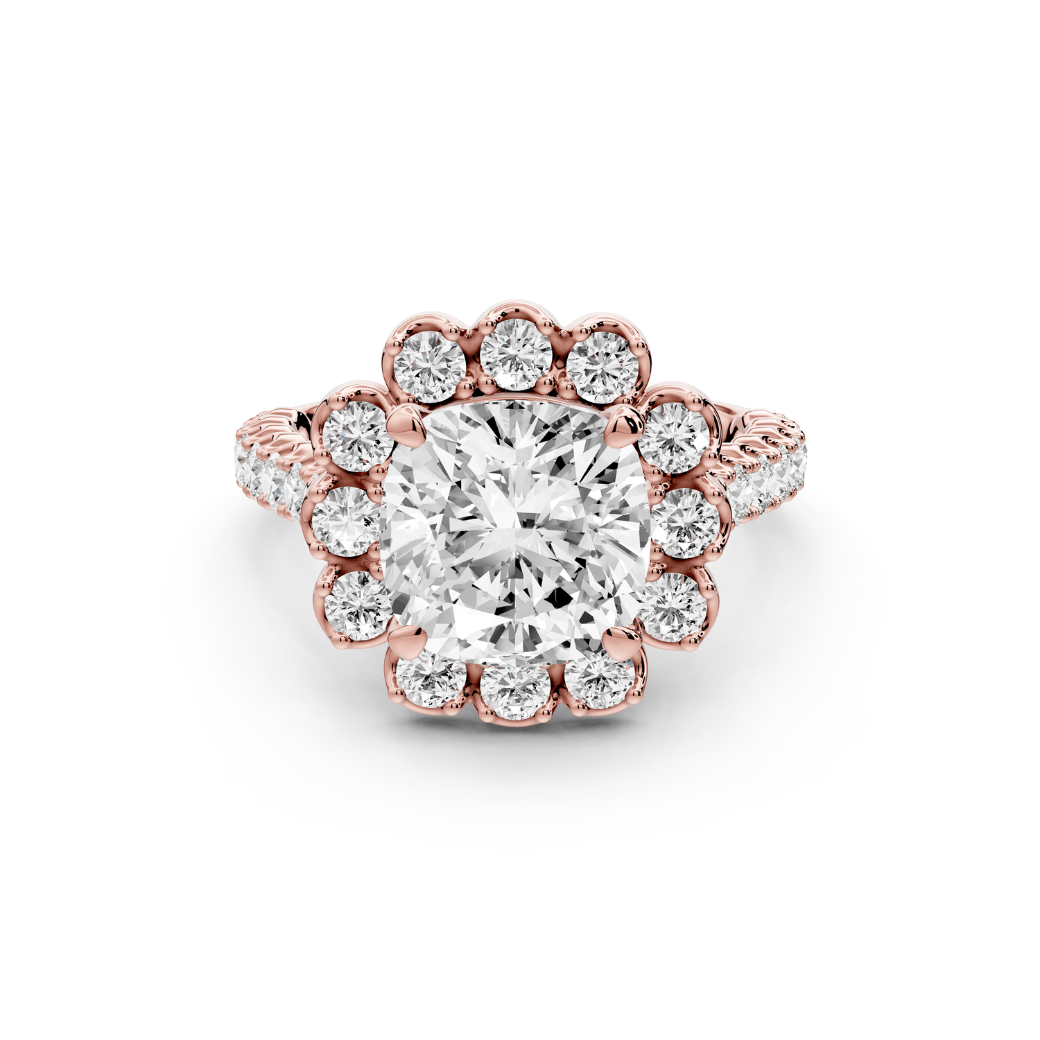 Anastasia - 3ct 18k rose gold cushion Diamond with Floral Halo and Pavé engagement Ring - Mr. Alex Jewelry