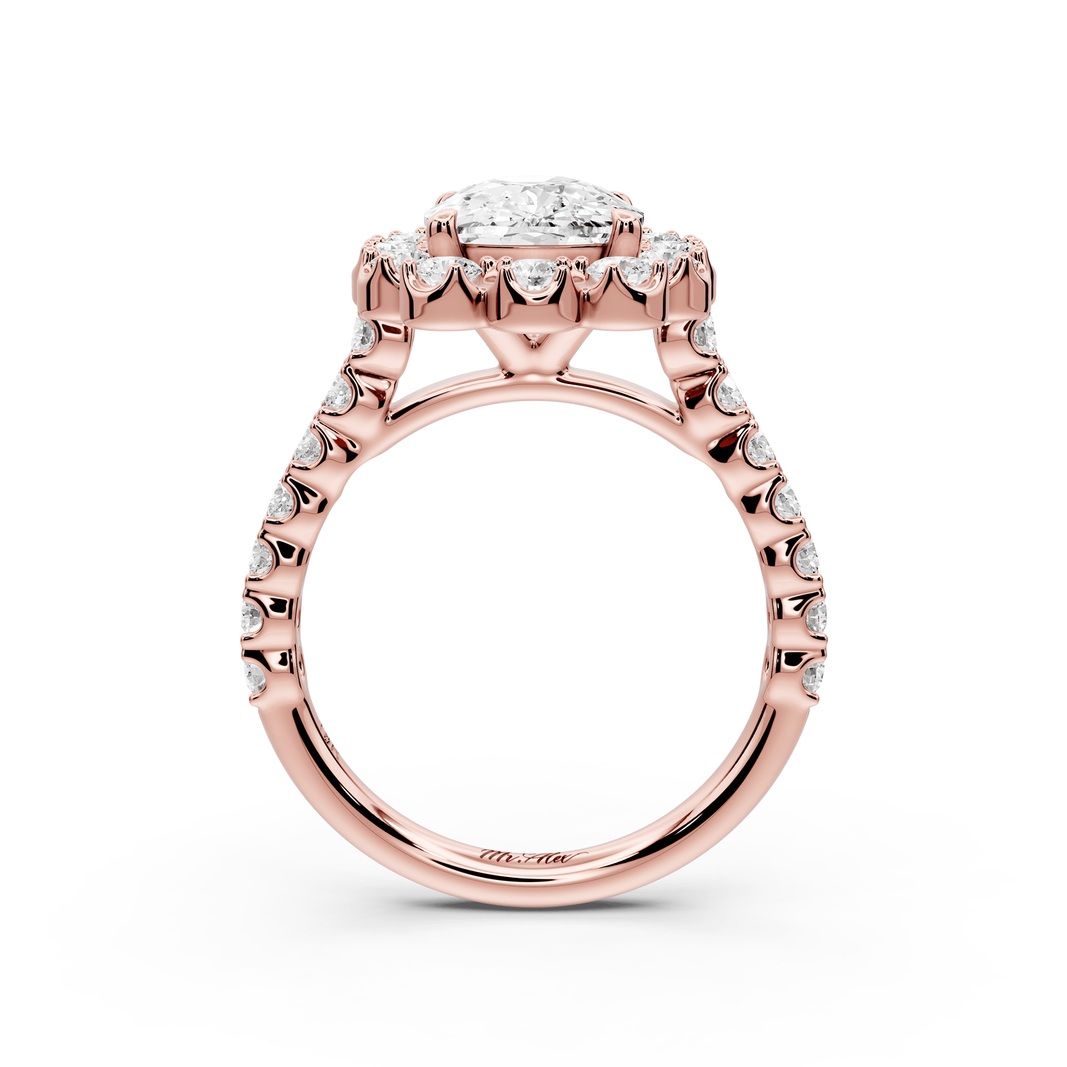 Anastasia - 3ct 18k rose gold ecushion Diamond with Floral Halo and Pavé engagement Ring - Mr. Alex Jewelry