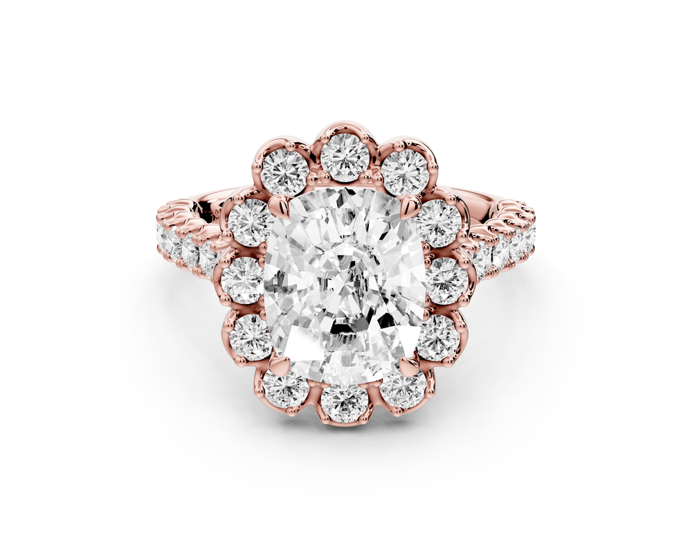 Anastasia - 3ct 18k rose gold ecushion Diamond with Floral Halo and Pavé engagement Ring - Mr. Alex Jewelry