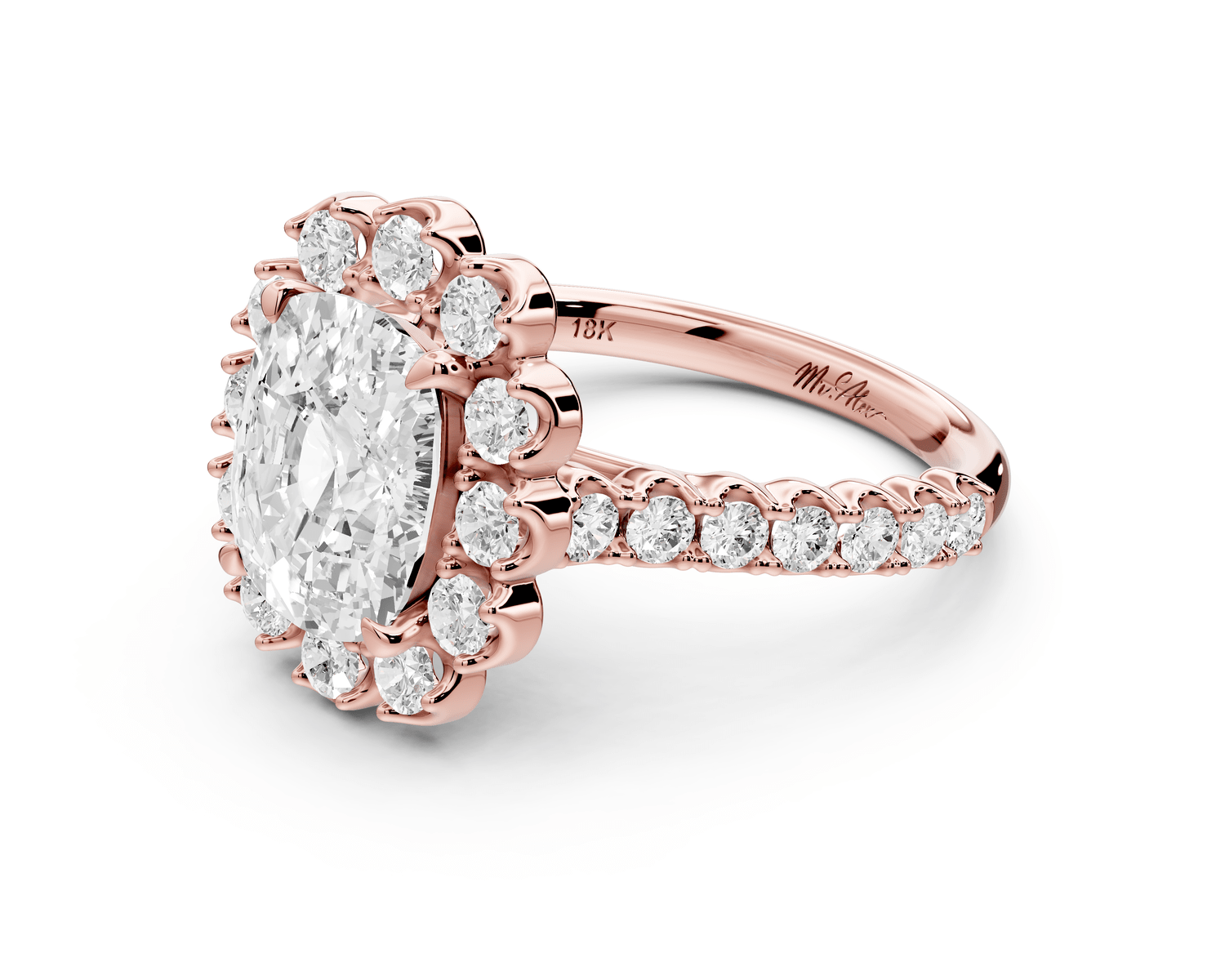 Anastasia - 3ct 18k rose gold ecushion Diamond with Floral Halo and Pavé engagement Ring - Mr. Alex Jewelry