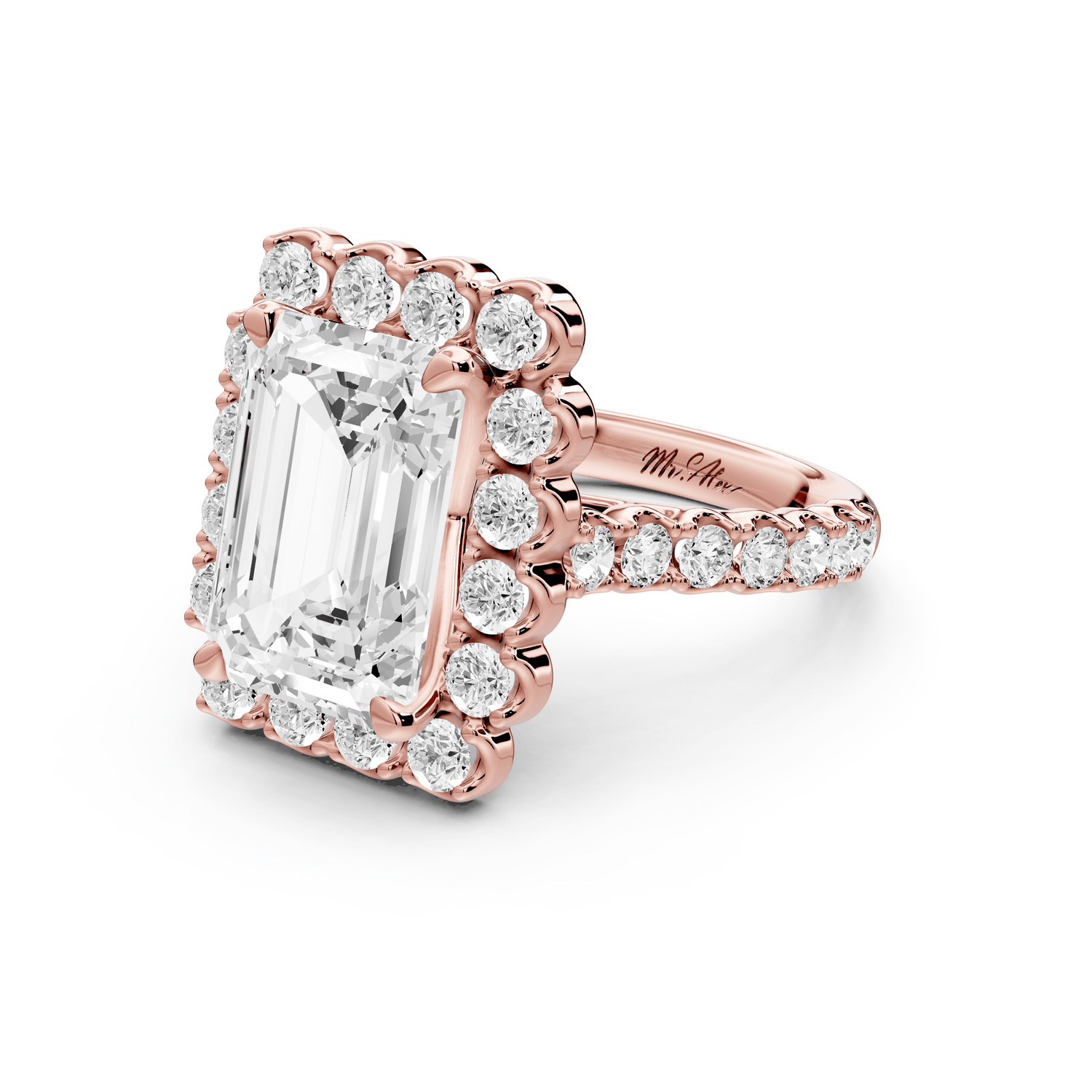 Anastasia - 3ct 18k rose gold emerald Diamond with Floral Halo and Pavé engagement Ring - Mr. Alex Jewelry