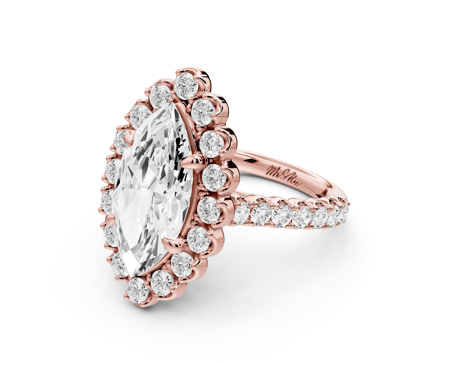 Anastasia - 3ct 18k rose gold marquise Diamond with Floral Halo and Pavé engagement Ring - Mr. Alex Jewelry