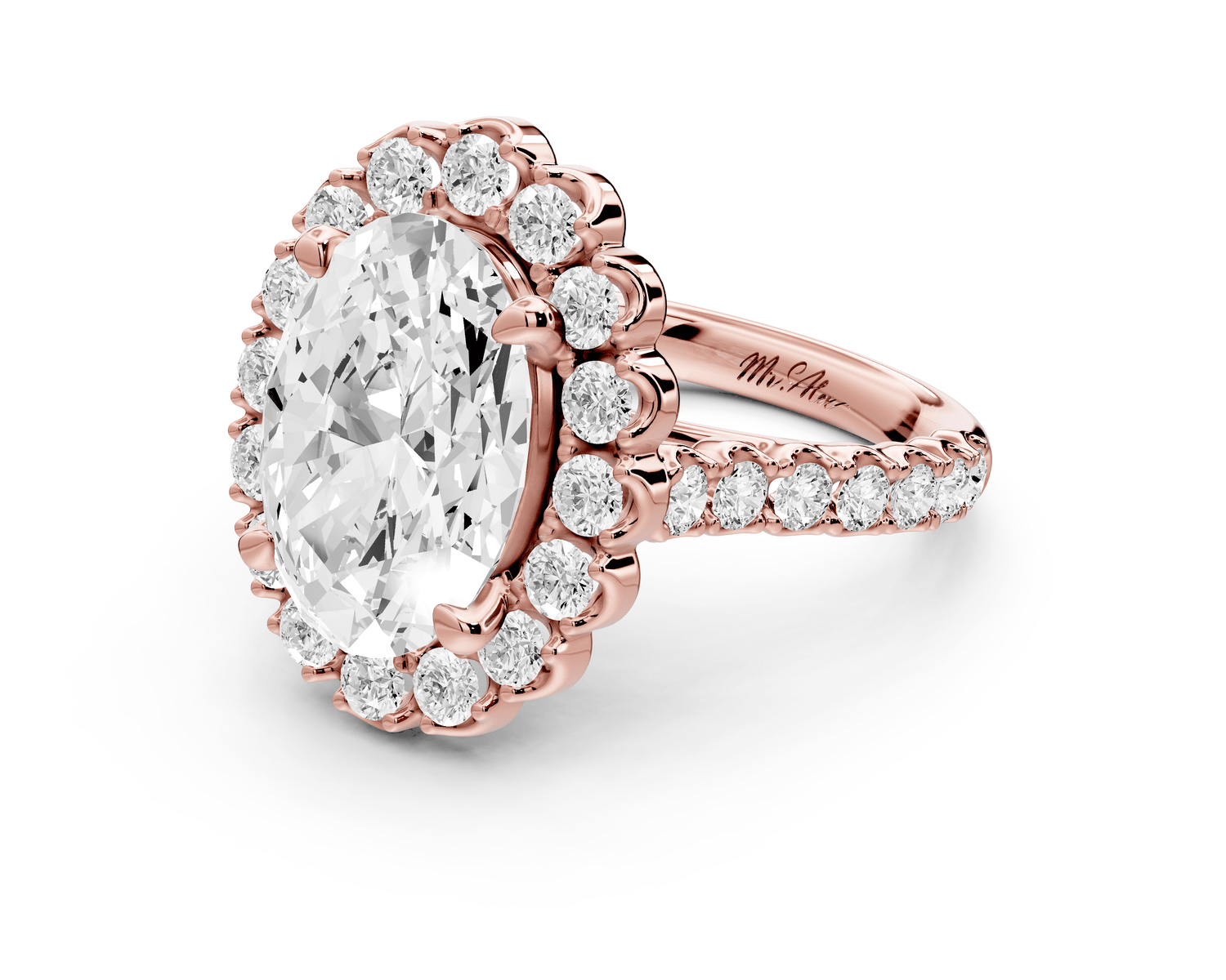Anastasia - 3ct 18k rose gold oval Diamond with Floral Halo and Pavé engagement Ring - Mr. Alex Jewelry