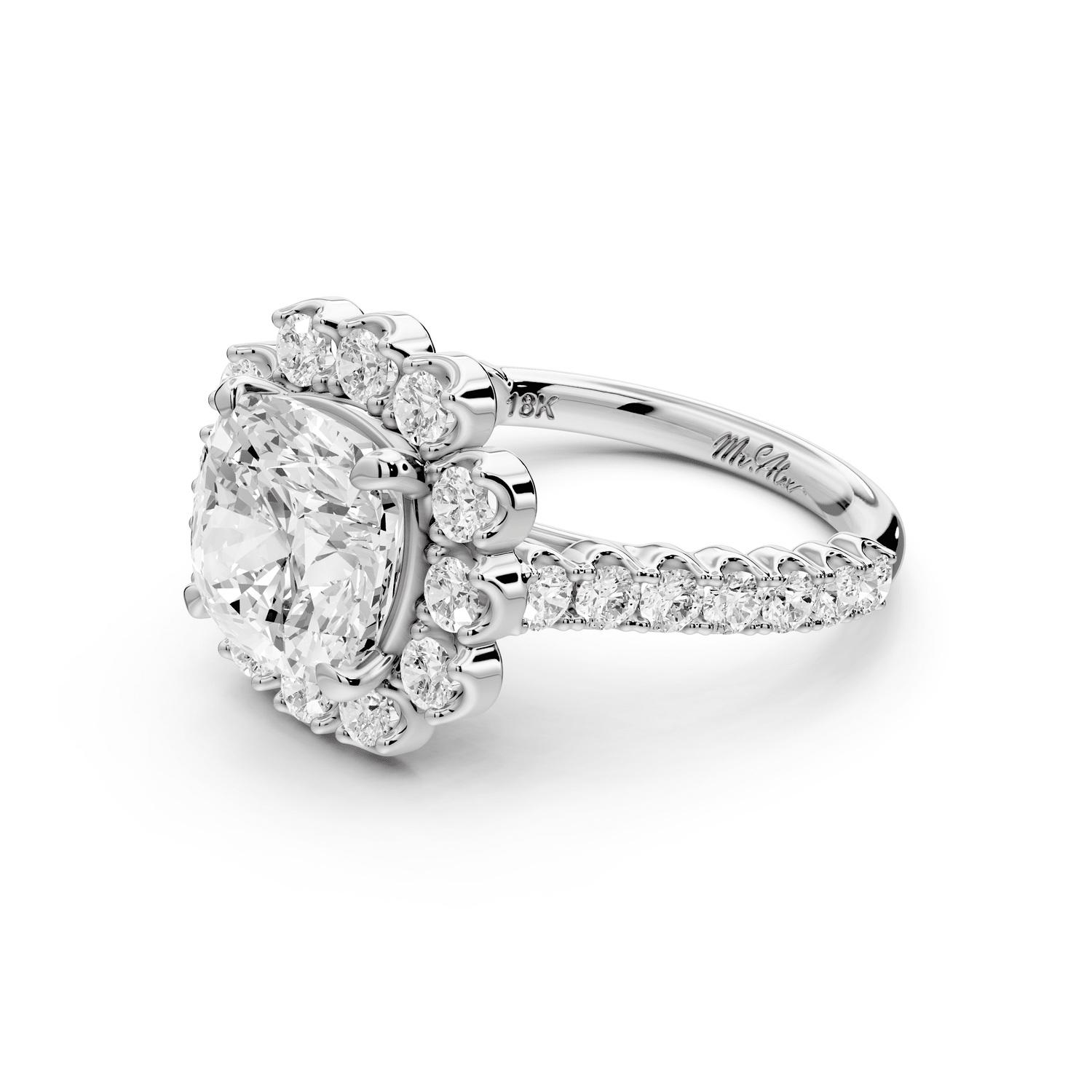 Anastasia - 3ct 18k white gold cushion Diamond with Floral Halo and Pavé engagement Ring - Mr. Alex Jewelry