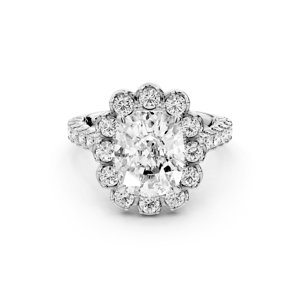 Anastasia - 3ct 18k white gold ecushion Diamond with Floral Halo and Pavé engagement Ring - Mr. Alex Jewelry