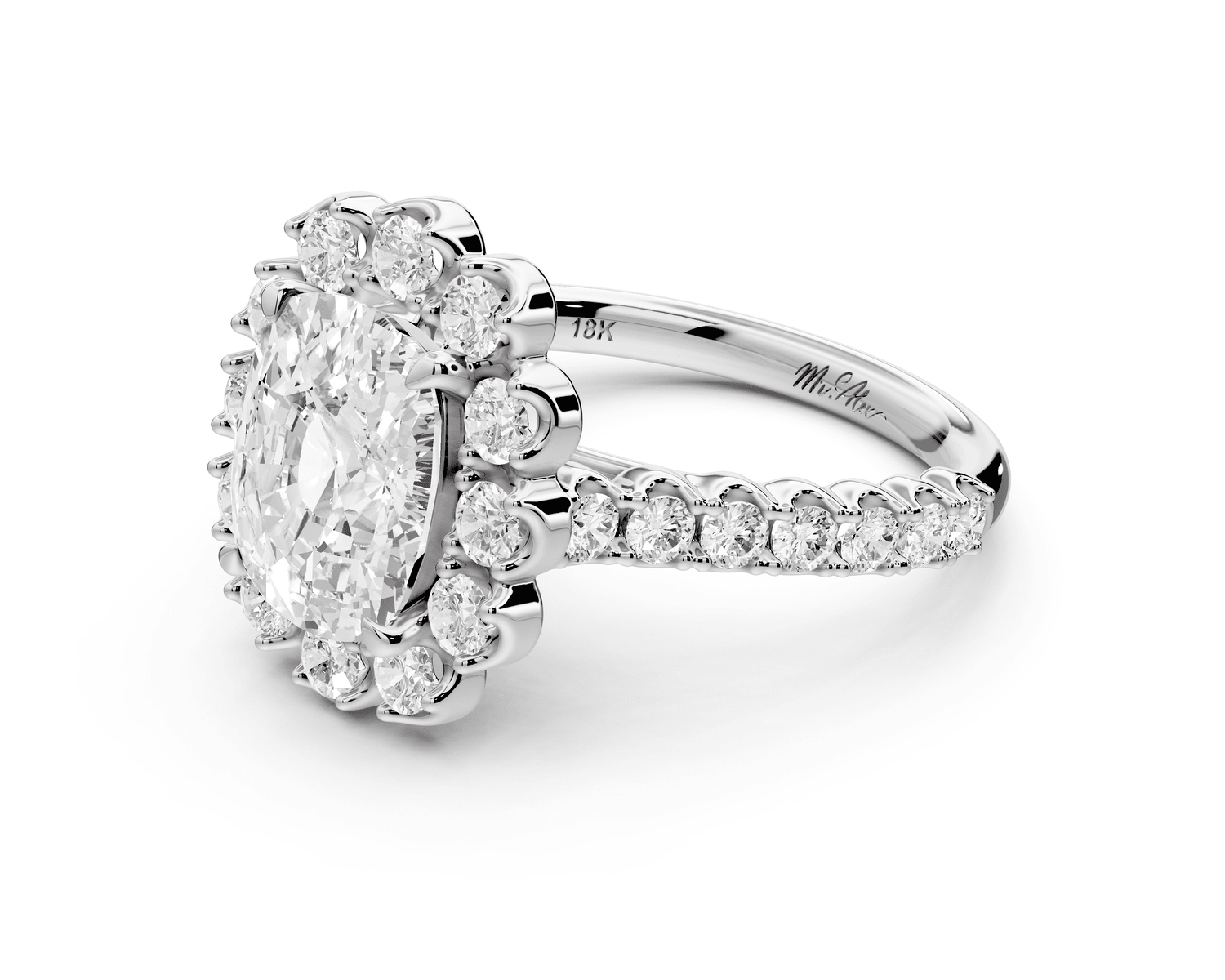 Anastasia - 3ct 18k white gold ecushion Diamond with Floral Halo and Pavé engagement Ring - Mr. Alex Jewelry