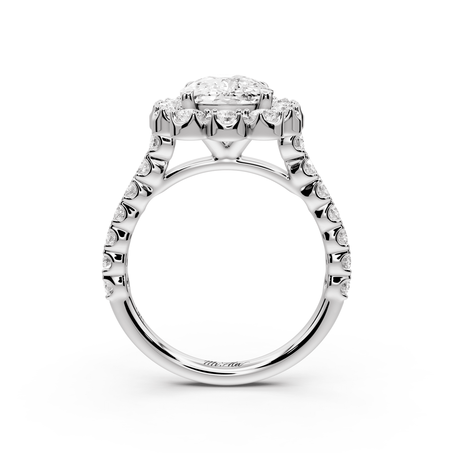 Anastasia - 3ct 18k white gold ecushion Diamond with Floral Halo and Pavé engagement Ring - Mr. Alex Jewelry