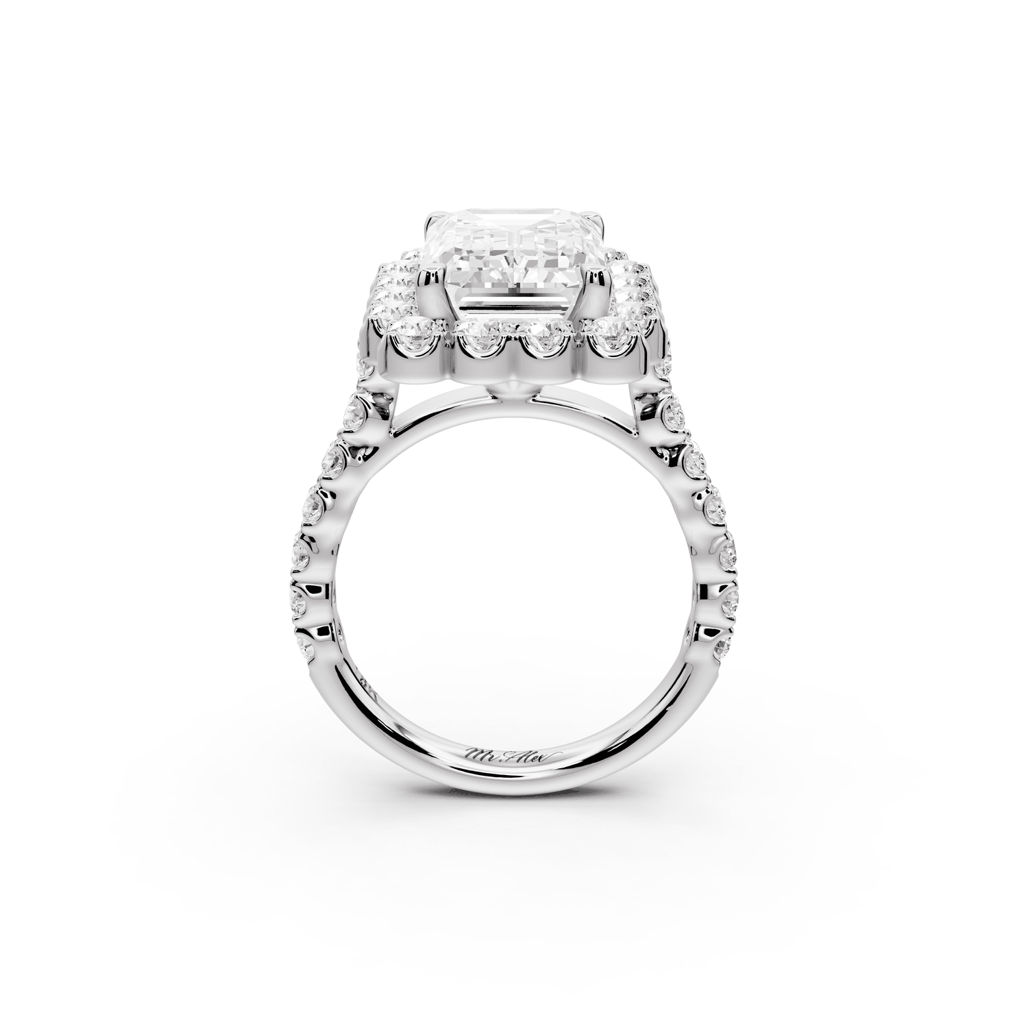 Anastasia - 3ct 18k white gold emerald Diamond with Floral Halo and Pavé engagement Ring - Mr. Alex Jewelry