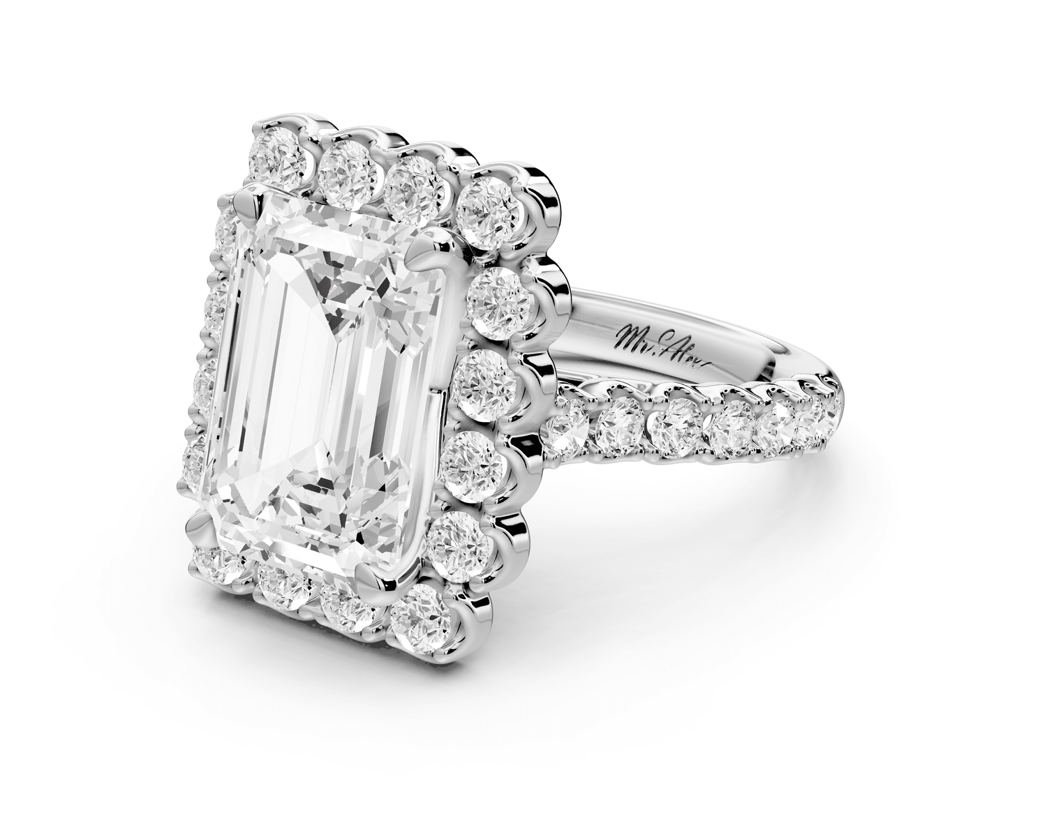 Anastasia - 3ct 18k white gold emerald Diamond with Floral Halo and Pavé engagement Ring - Mr. Alex Jewelry