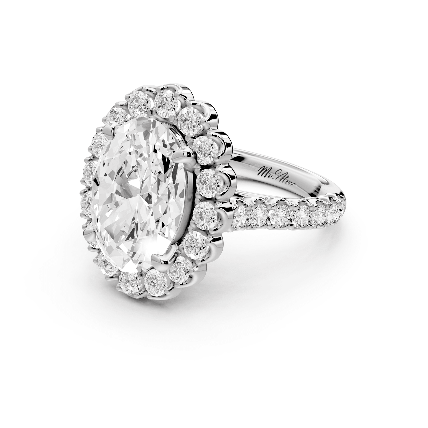 Anastasia - 3ct 18k white gold oval Diamond with Floral Halo and Pavé engagement Ring - Mr. Alex Jewelry