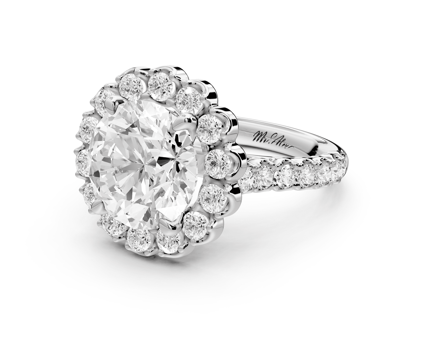 Anastasia - 3ct 18k white gold round Diamond with Floral Halo and Pavé engagement Ring - Mr. Alex Jewelry
