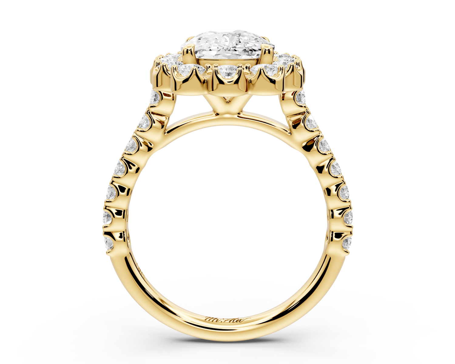 Anastasia - 3ct 18k yellow gold ecushion Diamond with Floral Halo and Pavé engagement Ring - Mr. Alex Jewelry