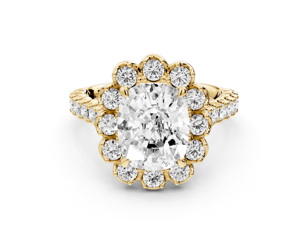 Anastasia - 3ct 18k yellow gold ecushion Diamond with Floral Halo and Pavé engagement Ring - Mr. Alex Jewelry