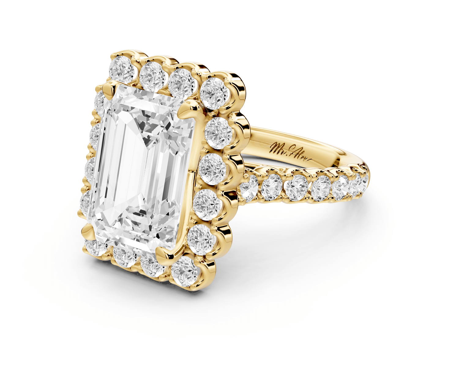 Anastasia - 3ct 18k yellow gold emerald Diamond with Floral Halo and Pavé engagement Ring - Mr. Alex Jewelry