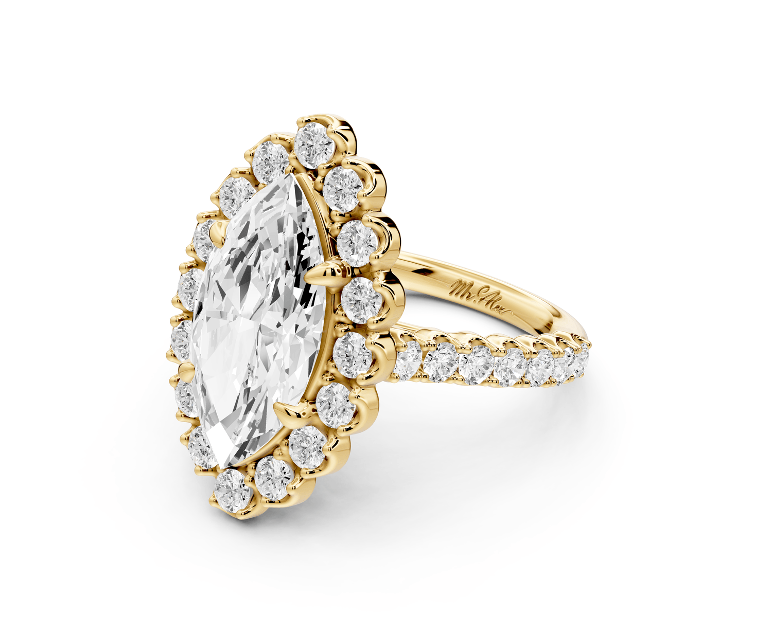 Anastasia - 3ct 18k yellow gold marquise Diamond with Floral Halo and Pavé engagement Ring - Mr. Alex Jewelry