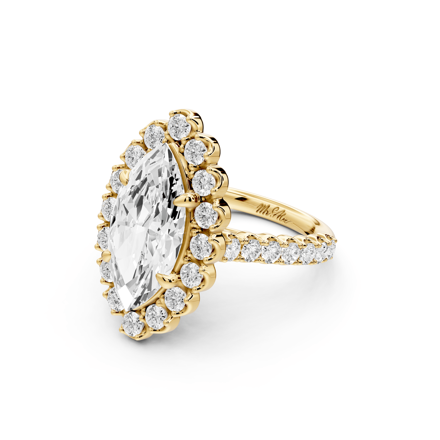 Anastasia - 3ct 18k yellow gold marquise Diamond with Floral Halo and Pavé engagement Ring - Mr. Alex Jewelry