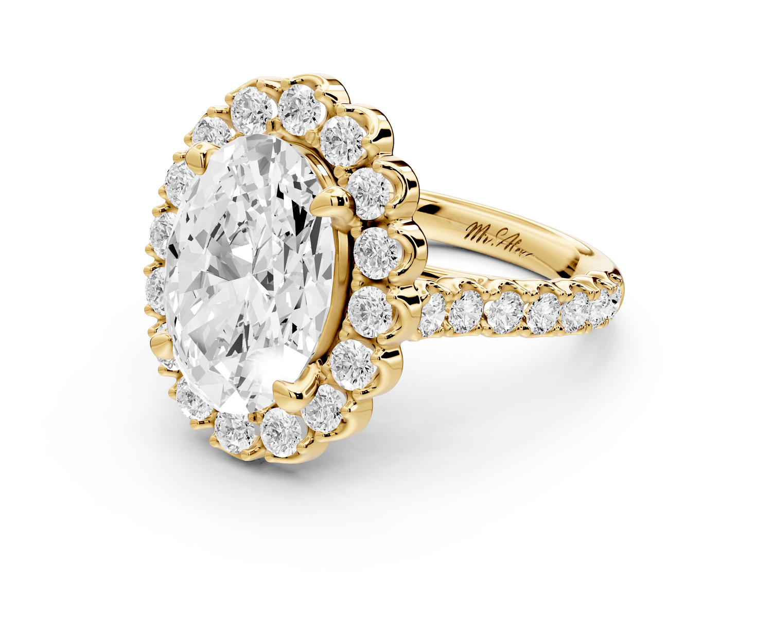 Anastasia - 3ct 18k yellow gold oval Diamond with Floral Halo and Pavé engagement Ring - Mr. Alex Jewelry