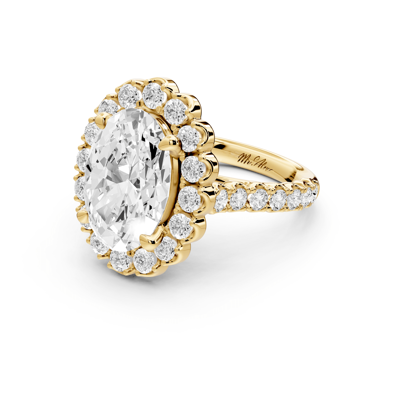 Anastasia - 3ct 18k yellow gold oval Diamond with Floral Halo and Pavé engagement Ring - Mr. Alex Jewelry