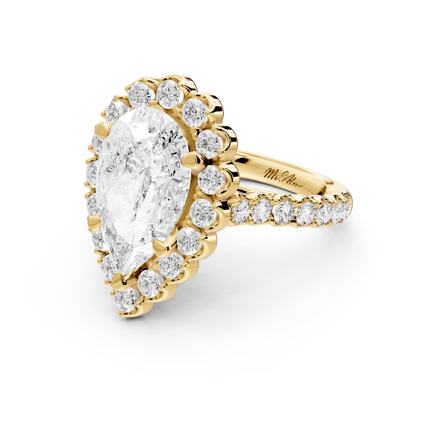 Anastasia - 3ct 18k yellow gold pear Diamond with Floral Halo and Pavé engagement Ring - Mr. Alex Jewelry