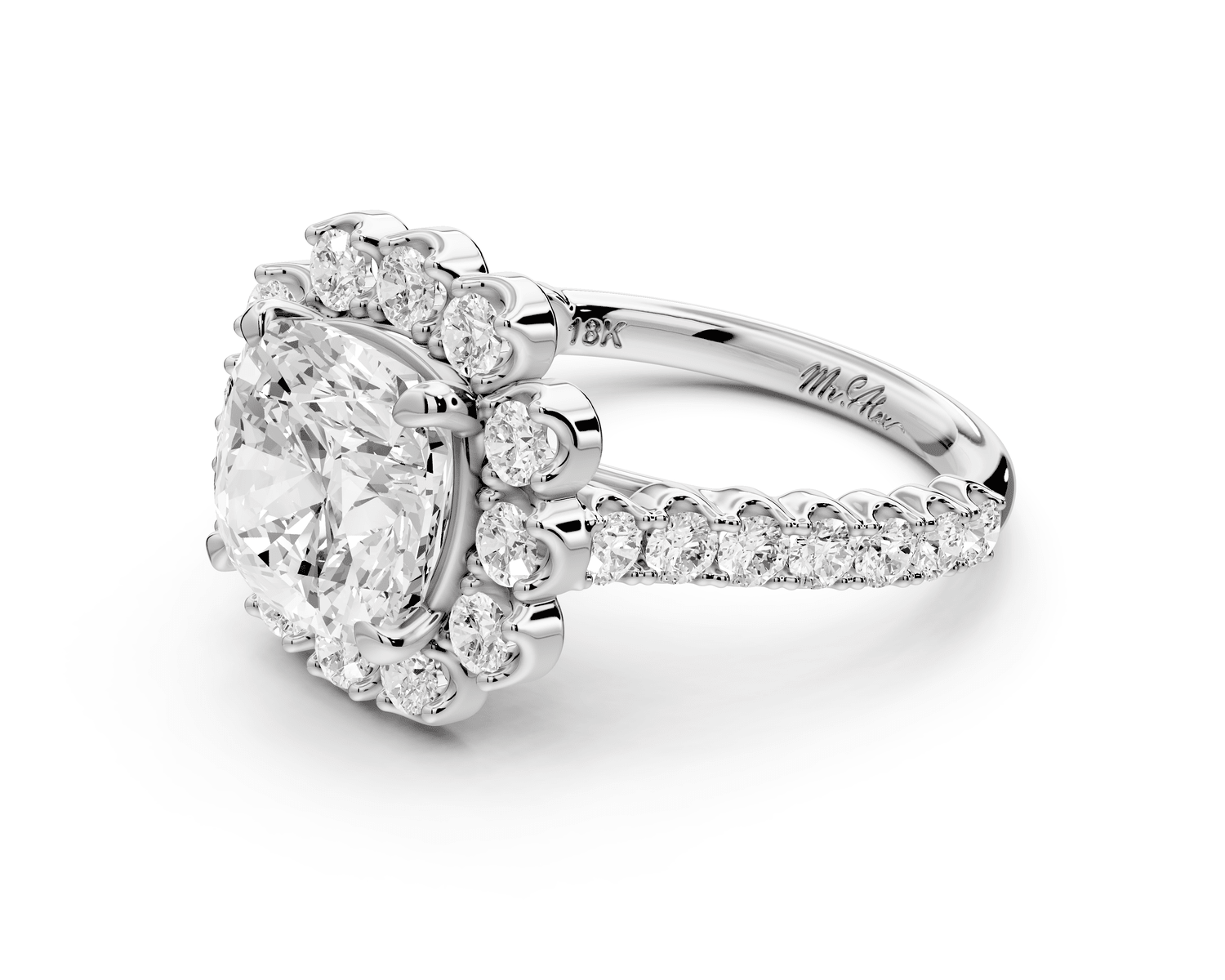 Anastasia - 3ct platinum cushion Diamond with Floral Halo and Pavé engagement Ring - Mr. Alex Jewelry
