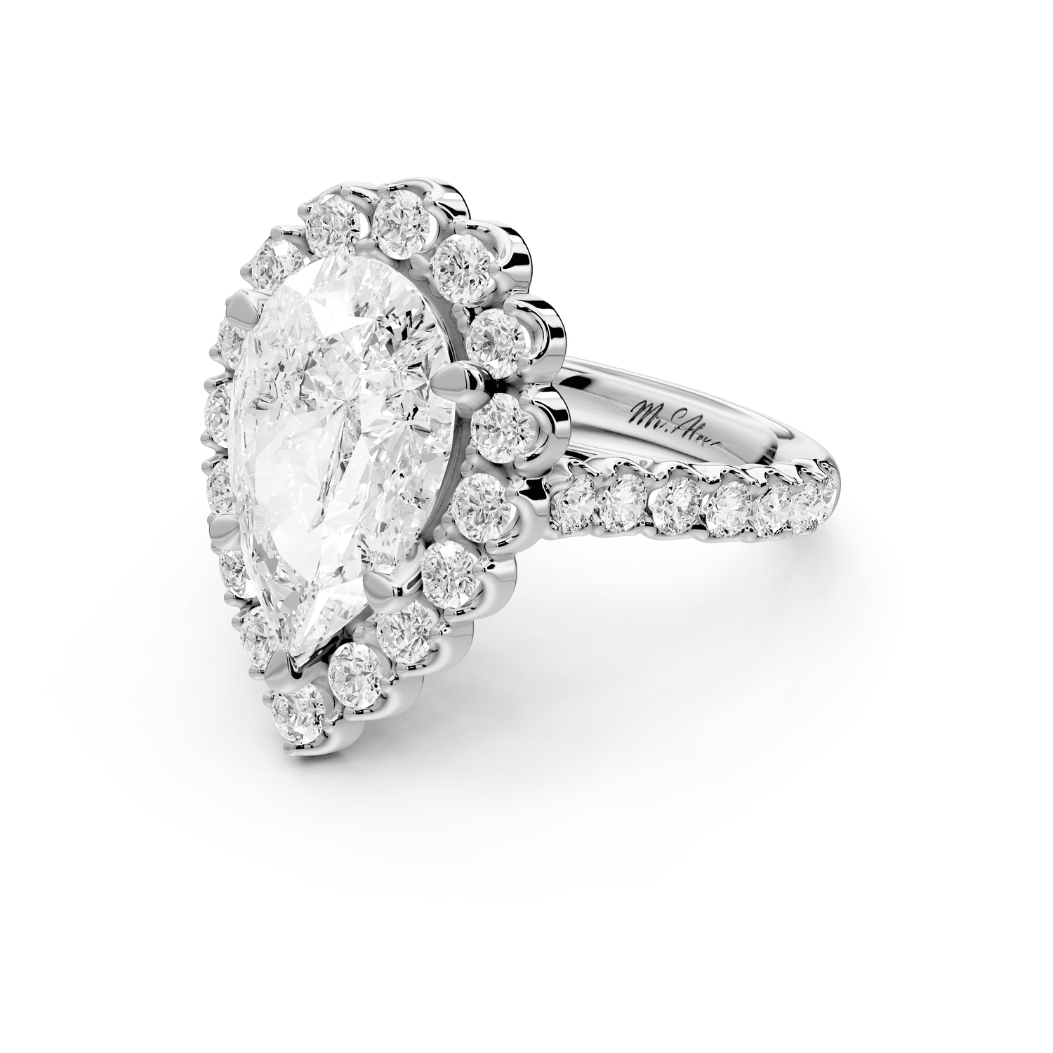 Anastasia - 3ct platinum pear Diamond with Floral Halo and Pavé engagement Ring - Mr. Alex Jewelry