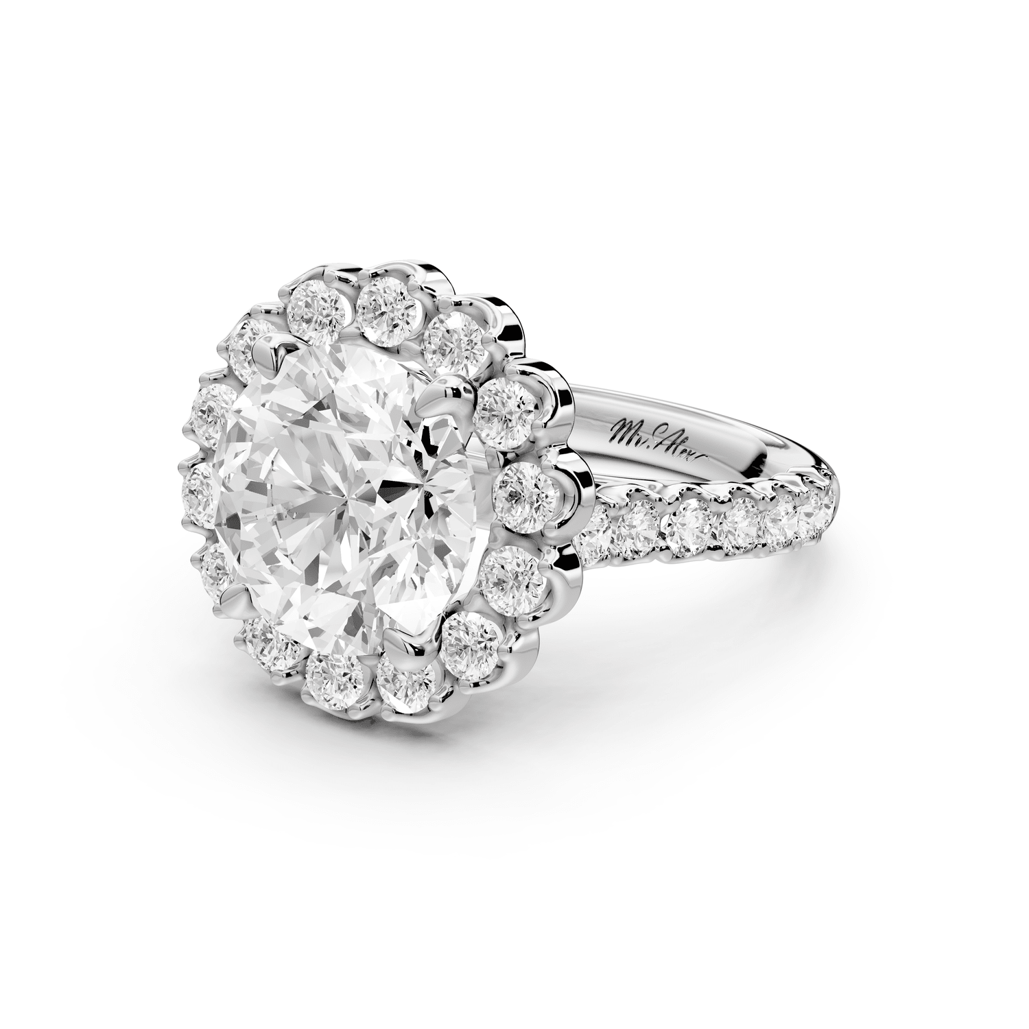 Anastasia - 3ct platinum round Diamond with Floral Halo and Pavé engagement Ring - Mr. Alex Jewelry