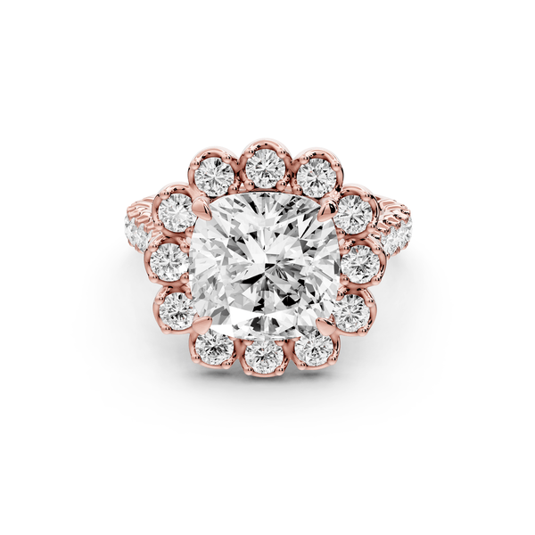 Anastasia - 4ct 14k rose gold cushion Diamond with Floral Halo and Pavé engagement Ring - Mr. Alex Jewelry