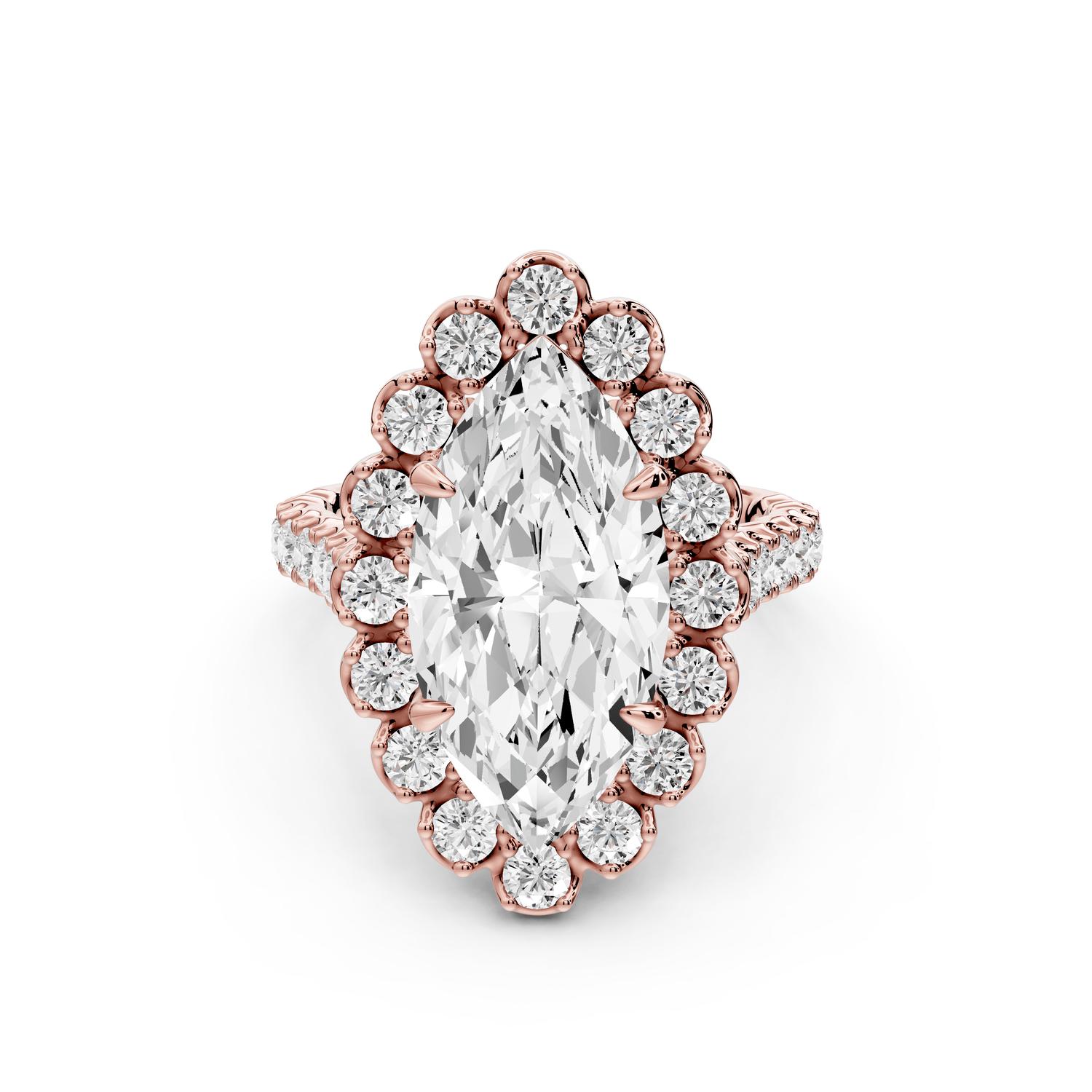 Anastasia - 4ct 14k rose gold marquise Diamond with Floral Halo and Pavé engagement Ring - Mr. Alex Jewelry