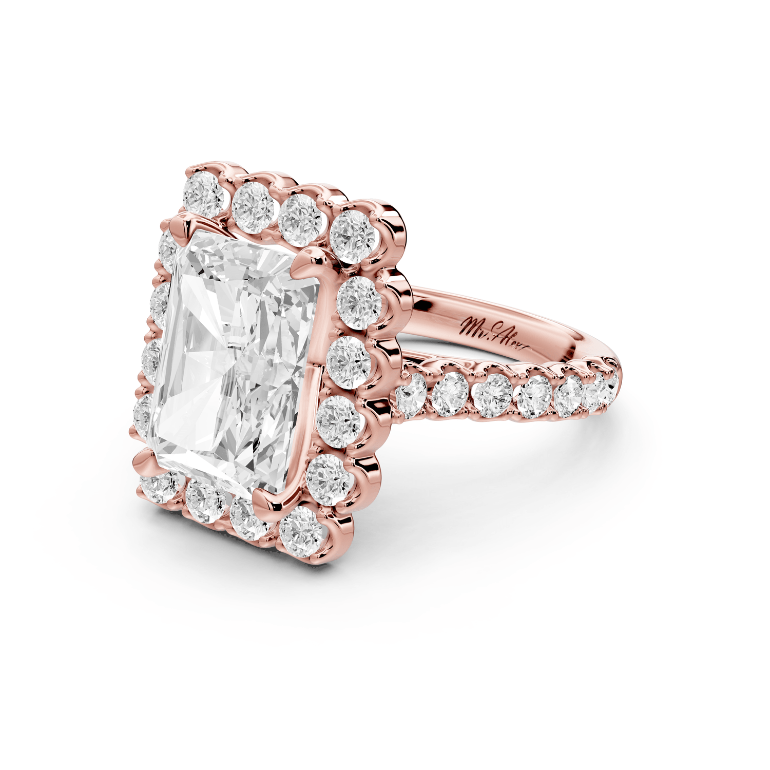 Anastasia - 4ct 14k rose gold radiant Diamond with Floral Halo and Pavé engagement Ring - Mr. Alex Jewelry