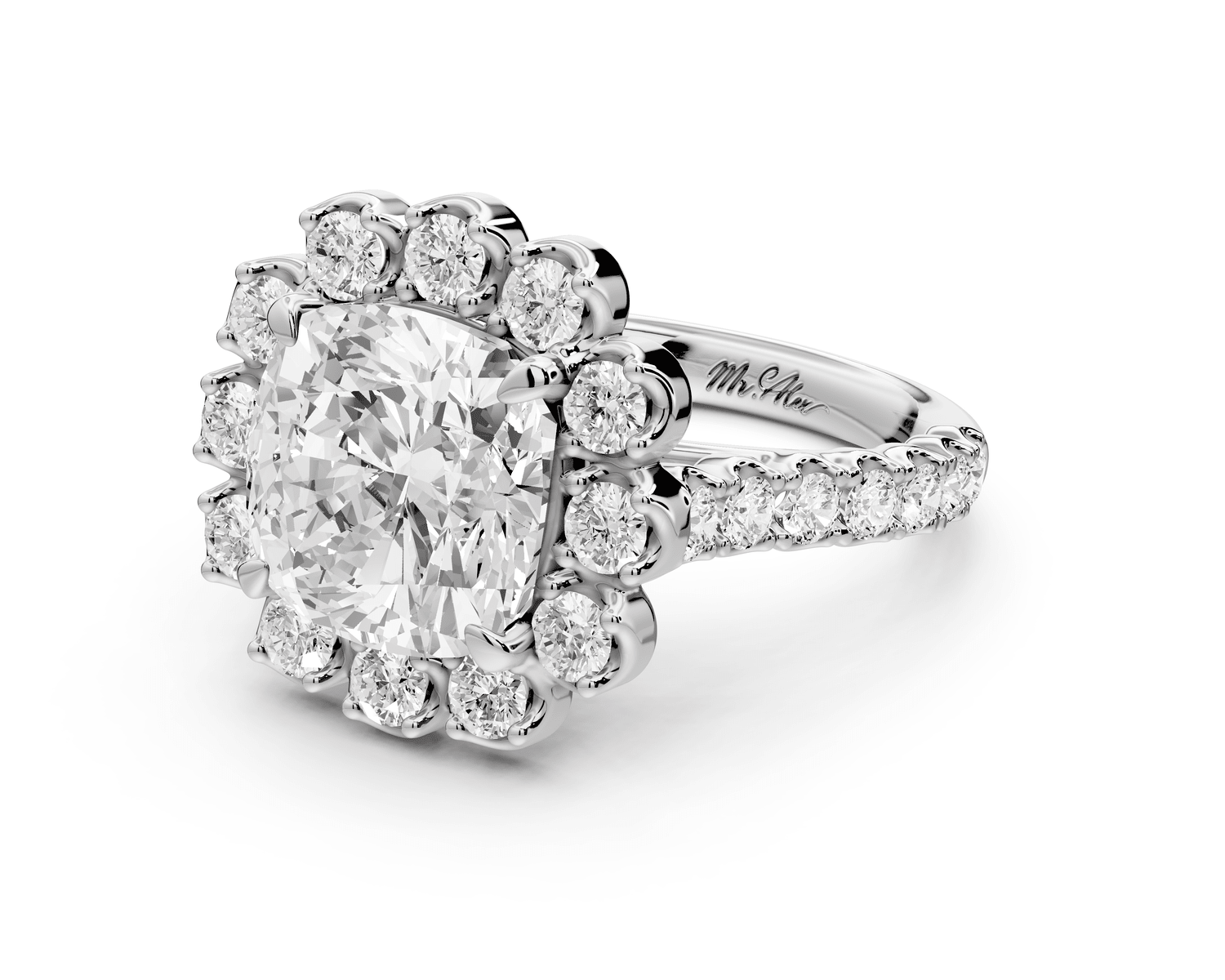 Anastasia - 4ct 14k white gold cushion Diamond with Floral Halo and Pavé engagement Ring - Mr. Alex Jewelry