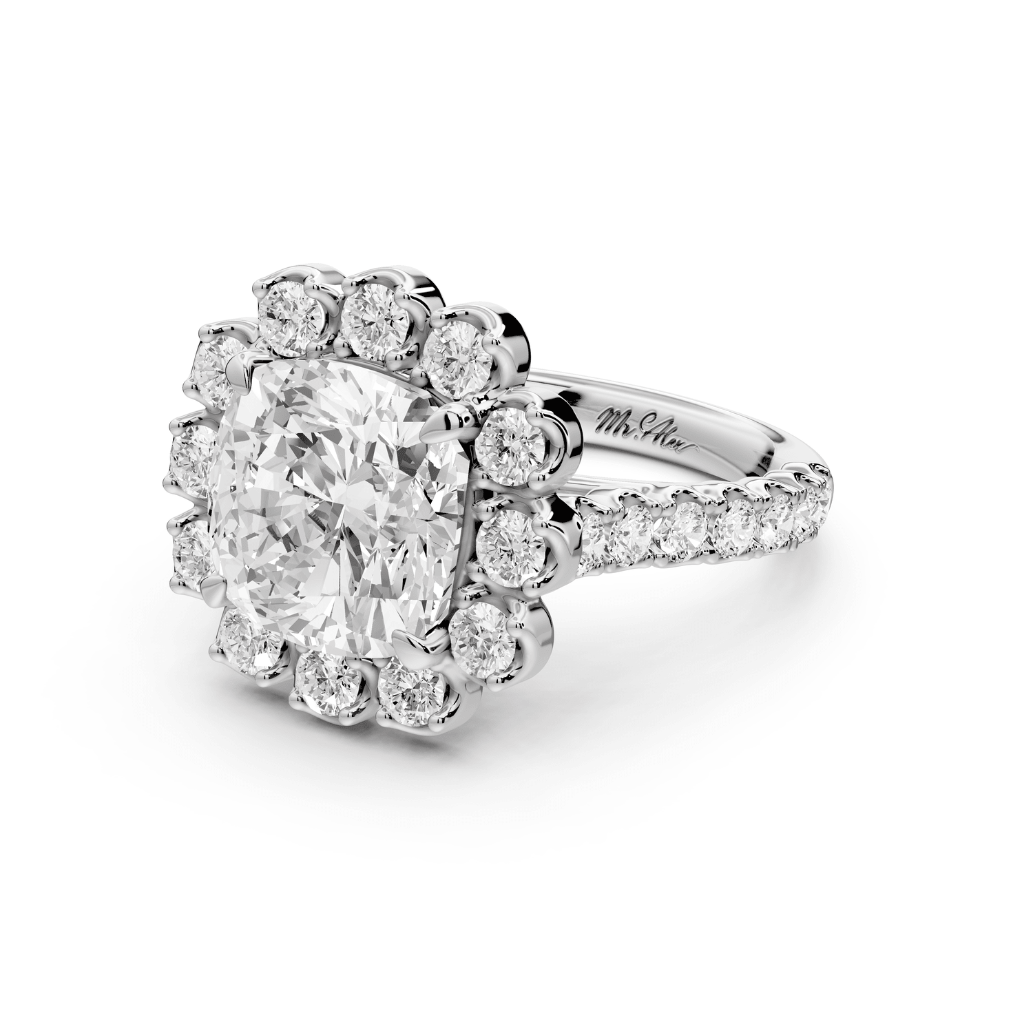 Anastasia - 4ct 14k white gold cushion Diamond with Floral Halo and Pavé engagement Ring - Mr. Alex Jewelry