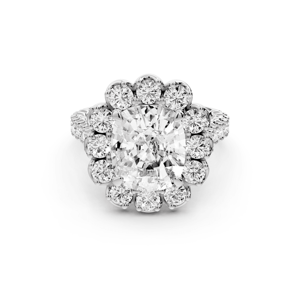 Anastasia - 4ct 14k white gold ecushion Diamond with Floral Halo and Pavé engagement Ring - Mr. Alex Jewelry