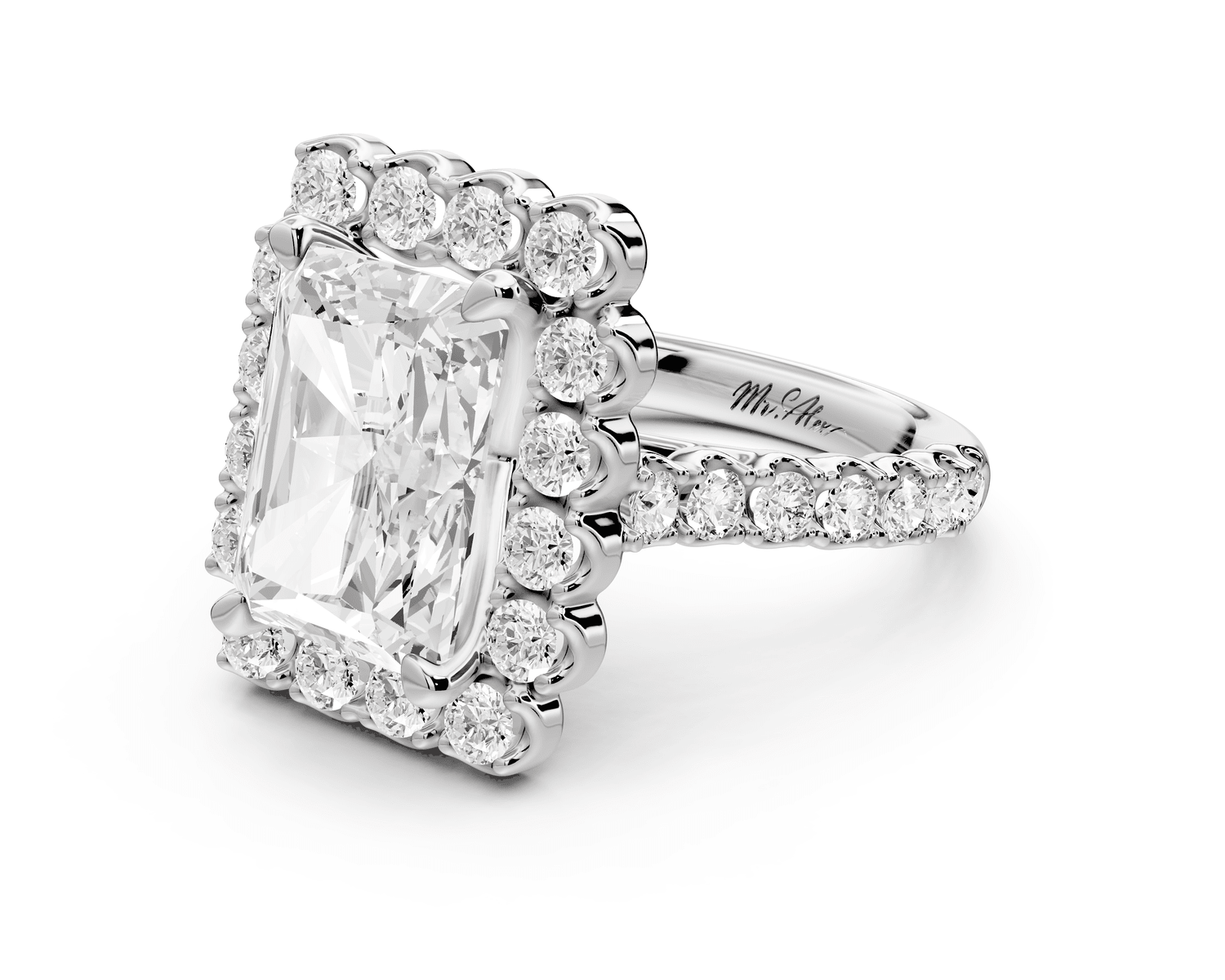 Anastasia - 4ct 14k white gold radiant Diamond with Floral Halo and Pavé engagement Ring - Mr. Alex Jewelry