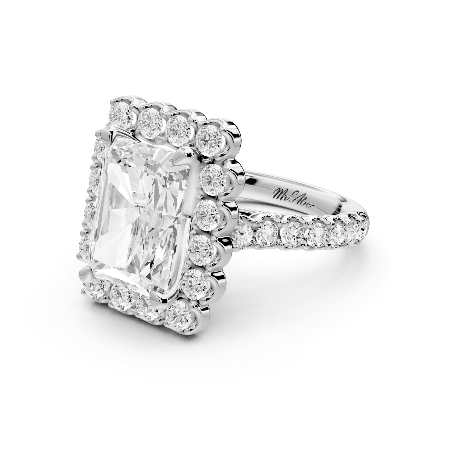 Anastasia - 4ct 14k white gold radiant Diamond with Floral Halo and Pavé engagement Ring - Mr. Alex Jewelry