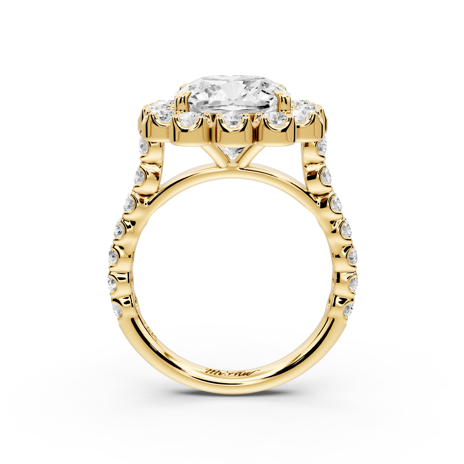 Anastasia - 4ct 14k yellow gold cushion Diamond with Floral Halo and Pavé engagement Ring - Mr. Alex Jewelry