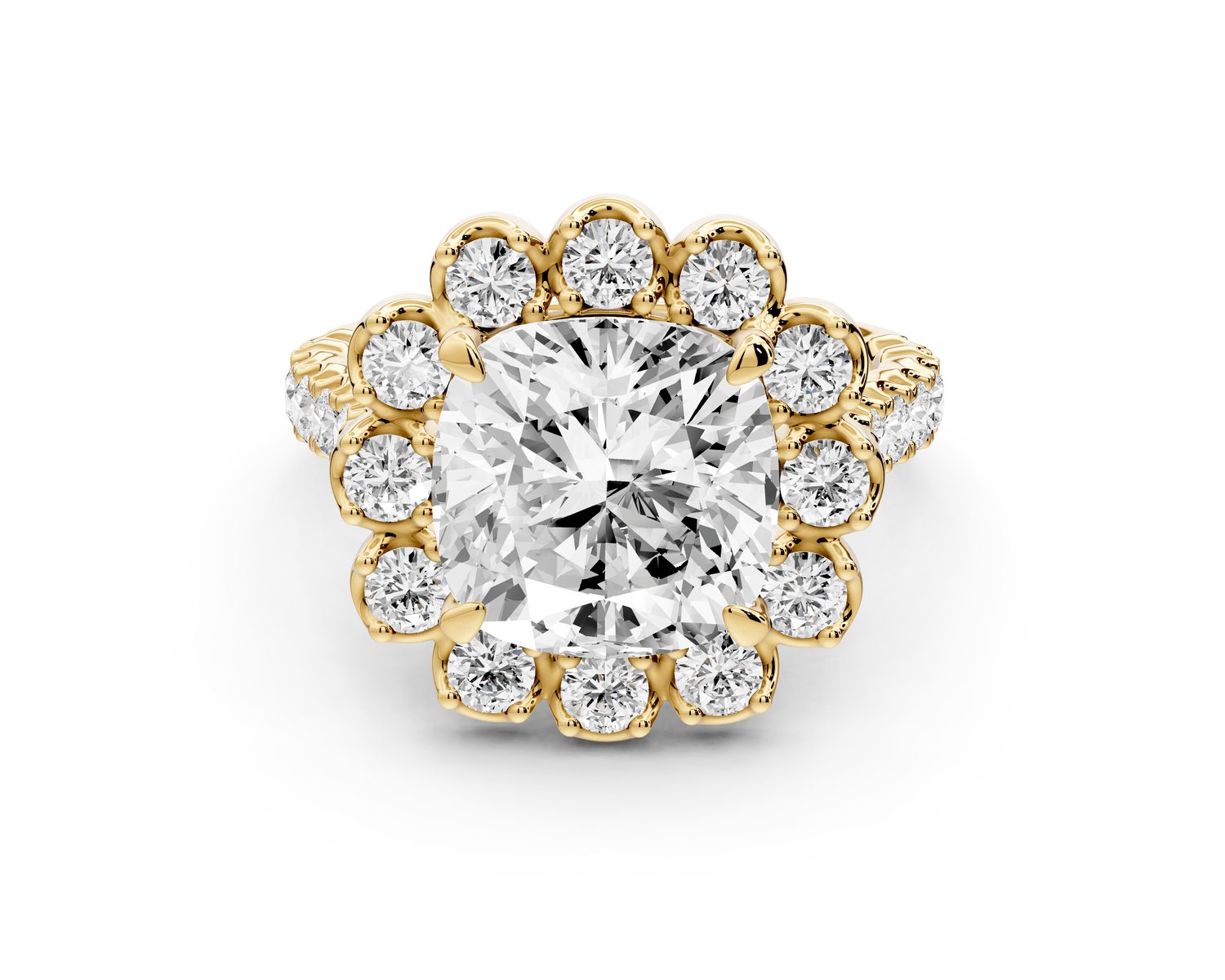 Anastasia - 4ct 14k yellow gold cushion Diamond with Floral Halo and Pavé engagement Ring - Mr. Alex Jewelry