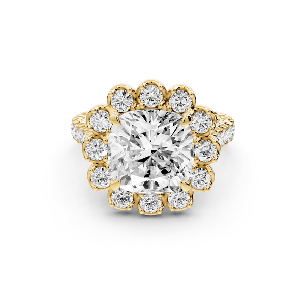 Anastasia - 4ct 14k yellow gold cushion Diamond with Floral Halo and Pavé engagement Ring - Mr. Alex Jewelry