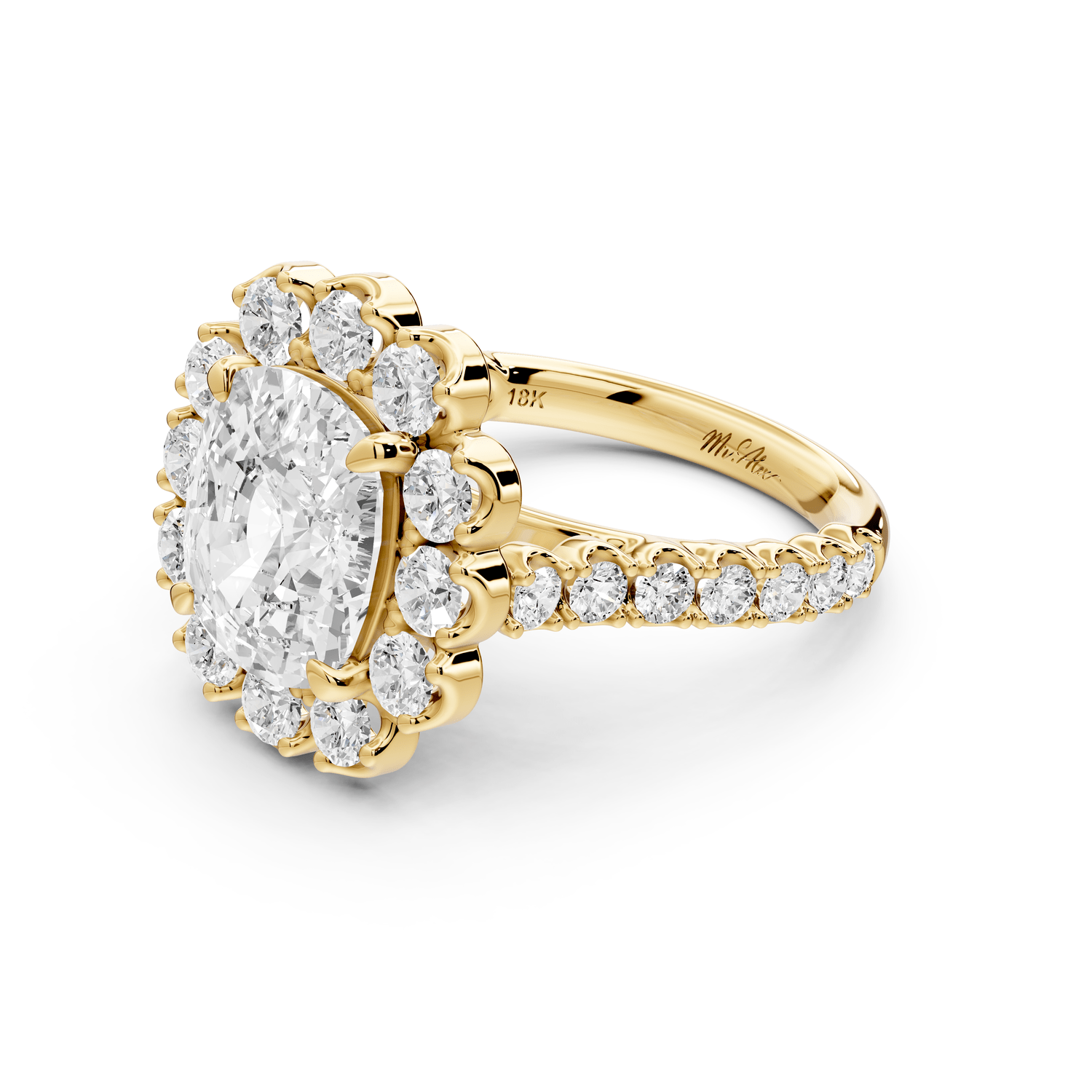 Anastasia - 4ct 14k yellow gold ecushion Diamond with Floral Halo and Pavé engagement Ring - Mr. Alex Jewelry