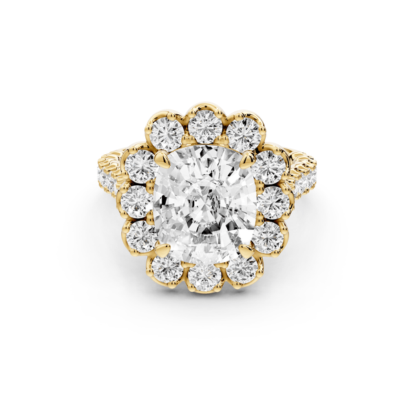 Anastasia - 4ct 14k yellow gold ecushion Diamond with Floral Halo and Pavé engagement Ring - Mr. Alex Jewelry