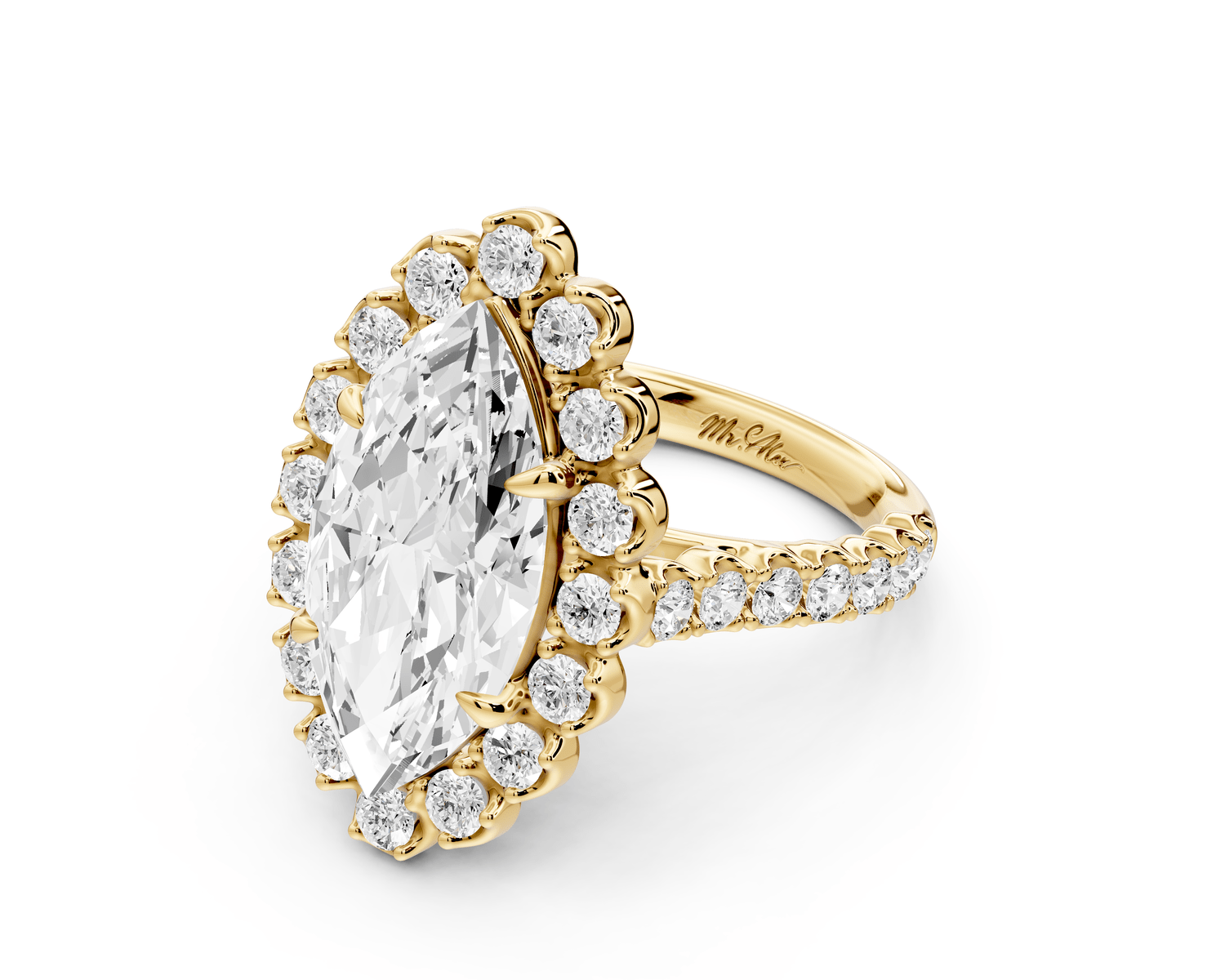 Anastasia - 4ct 14k yellow gold marquise Diamond with Floral Halo and Pavé engagement Ring - Mr. Alex Jewelry