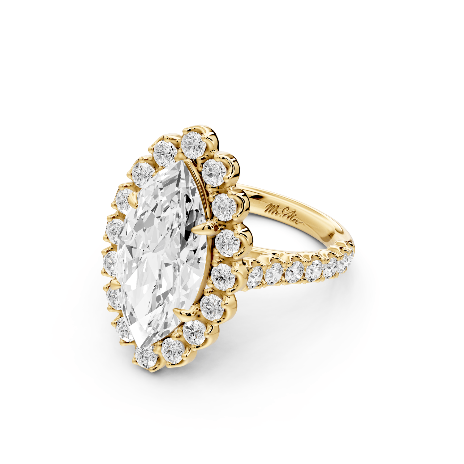 Anastasia - 4ct 14k yellow gold marquise Diamond with Floral Halo and Pavé engagement Ring - Mr. Alex Jewelry