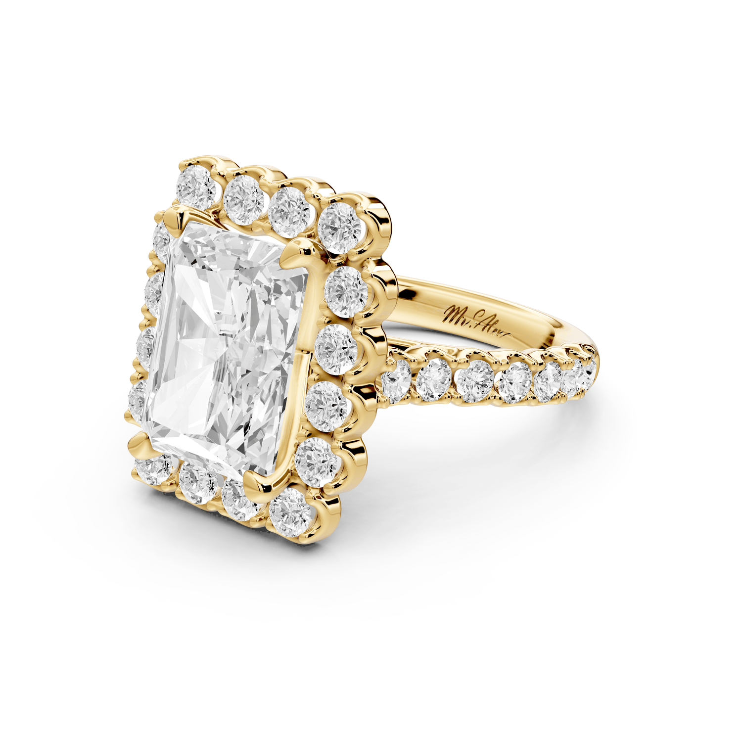Anastasia - 4ct 14k yellow gold radiant Diamond with Floral Halo and Pavé engagement Ring - Mr. Alex Jewelry