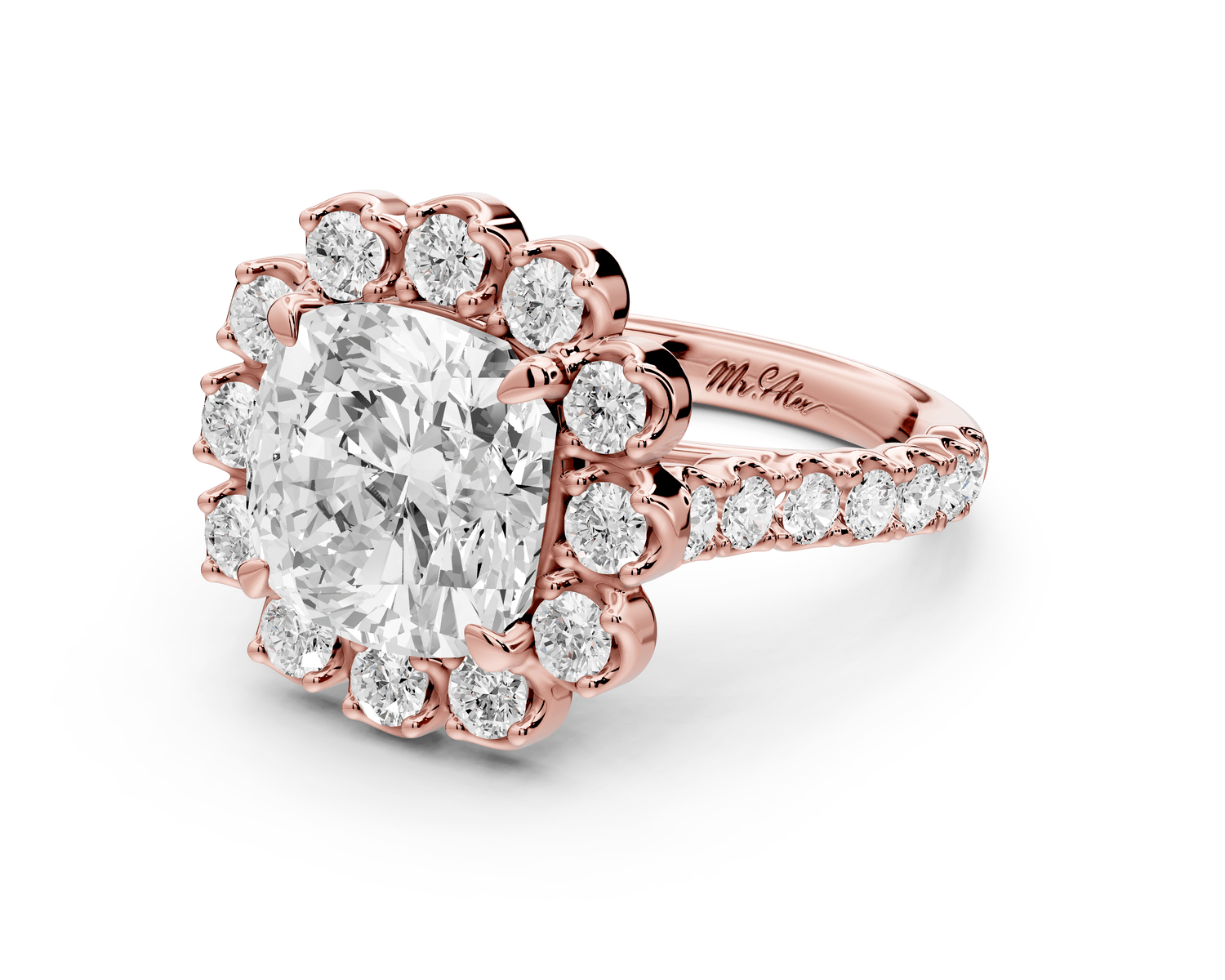 Anastasia - 4ct 18k rose gold cushion Diamond with Floral Halo and Pavé engagement Ring - Mr. Alex Jewelry