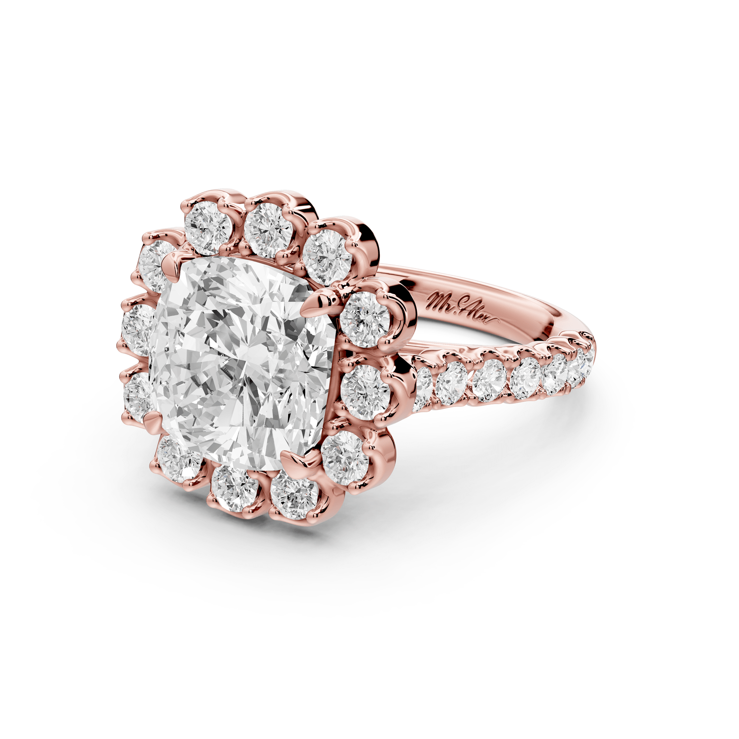Anastasia - 4ct 18k rose gold cushion Diamond with Floral Halo and Pavé engagement Ring - Mr. Alex Jewelry