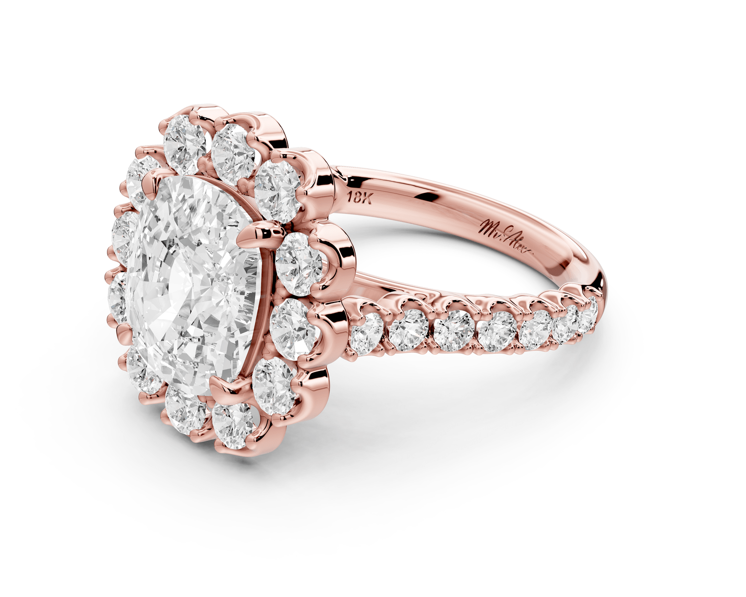Anastasia - 4ct 18k rose gold ecushion Diamond with Floral Halo and Pavé engagement Ring - Mr. Alex Jewelry