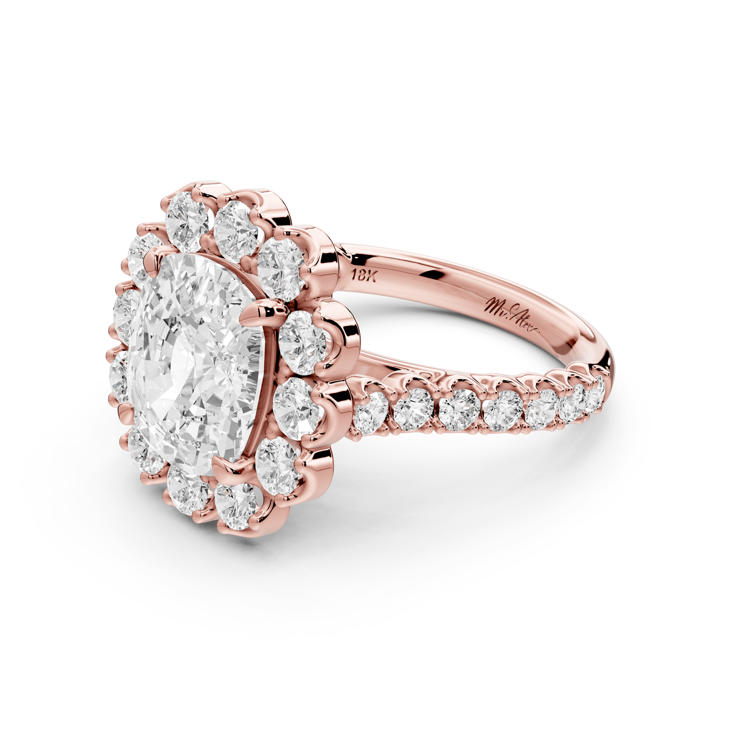 Anastasia - 4ct 18k rose gold ecushion Diamond with Floral Halo and Pavé engagement Ring - Mr. Alex Jewelry