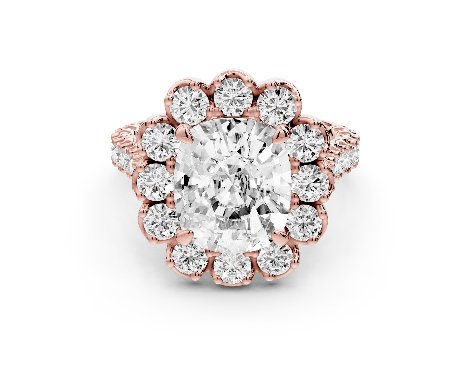 Anastasia - 4ct 18k rose gold ecushion Diamond with Floral Halo and Pavé engagement Ring - Mr. Alex Jewelry